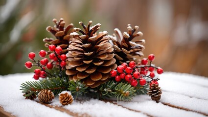 Pine cones red berries and pine needles in snow winter