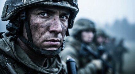 Obraz premium A gritty, cinematic close-up of a determined soldier with a mud-streaked face, wearing a wet combat helmet and looking forward with intense focus on a rainy, foggy day