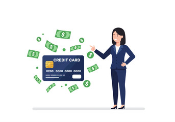 Fototapeta premium credit card, rewards, cashback, money, finance, businesswoman, banking, payment, financial success, earning, business, dollar, cash, woman, professional, transaction, purchase, income, savings, wealth