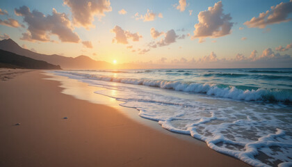 Obraz premium Gentle waves lap the shore at a tropical beach dawn