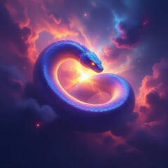 Majestic iridescent blue serpent coils protectively around blazing orange core amid swirling cosmic purple clouds and twinkling stars.