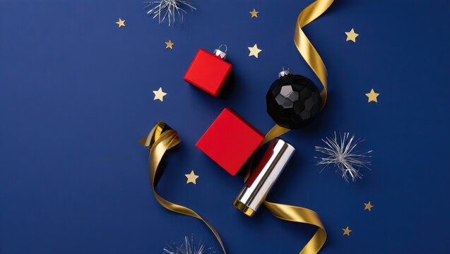 Red and black Christmas ornaments with gold ribbon and stars - Powered by Adobe