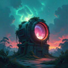 Overgrown metallic portal radiates pulsating purple vortex amid lush verdant jungle under ethereal aurora twilight sky.