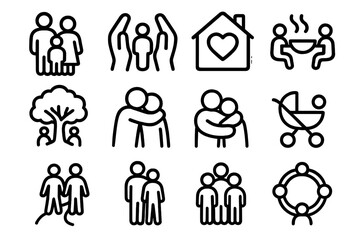 Family Icons Set. Family Icons linear icon set: family silhouette, parent hands, child figure, home heart, shared meal bowl, family tree, warm hug, stroller icon, together path
