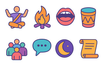 Oral Storytelling Icons. Oral Narratives flat icon set: storyteller figure, campfire, open mouth, drum, gathered crowd, speech bubble, moonlight, scroll
