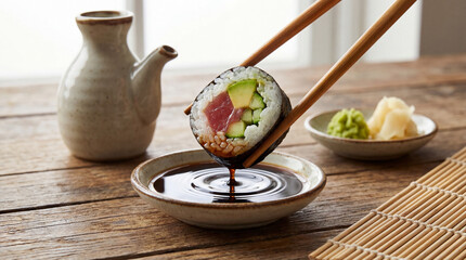 Fresh Sushi Roll Dipped in Soy Sauce with Chopsticks on Rustic Table