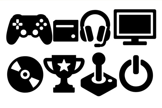 Bold Gaming Icons. Console Gaming silhouette icon set: game controller, console box, headset, TV screen, disc icon, trophy badge, joystick, power button