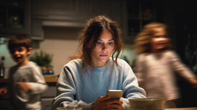 Tired parent laser focused on a smartphone at the table while two children blur past, capturing a modern moment of distraction and family chaos. Selective focus, motion blur. - Powered by Adobe