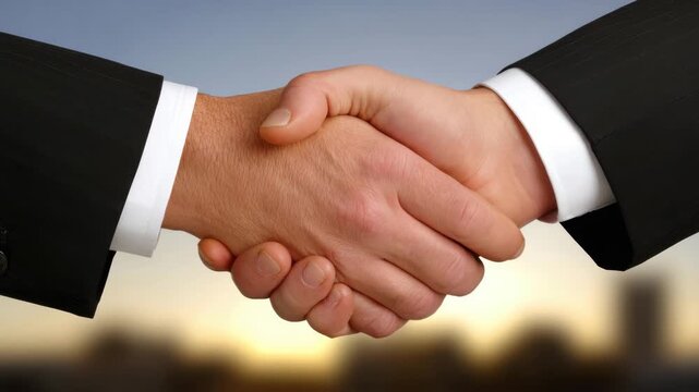 Handshake Between Two Professionals with City Skyline Symbolizing Corporate Alliance