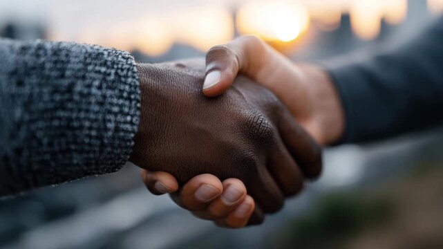 Two Businessmen Shaking Hands in Front of Urban Skyline Symbolizing Partnership - Powered by Adobe