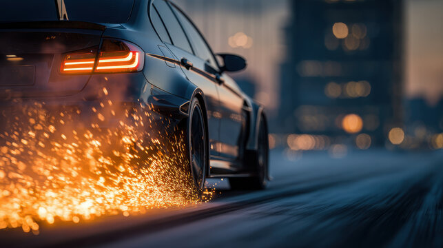 Dark sleek car speeding on urban road at dusk with sparks flying from underneath and glowing taillights against blurred city lights background