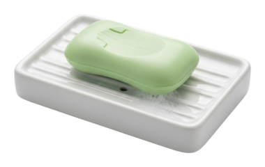 Minimalist eco-friendly soap dish & green soap for sustainable living isolated on transparent background