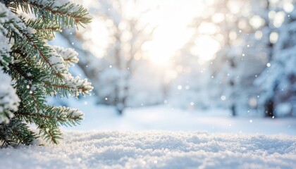 Snowfall on evergreen trees winter wonderland landscape serene environment close-up viewpoint calm and peaceful concept for nature lovers
