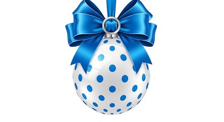 A festive white christmas ornament with bright blue polka dots and a beautiful blue satin bow, isolated on a white background, perfect for holiday season decoration and celebration