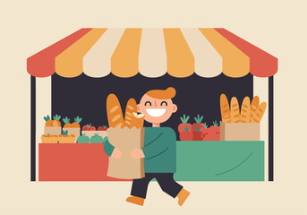 Flat vector illustration of a cheerful man shopping for fresh bread and groceries at a local farmer's market stall, focusing on sustainable retail and happy customer experience.