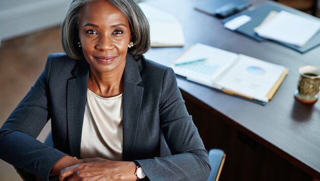 Senior accountant faces camera, formal office backdrop, documents nearby today.