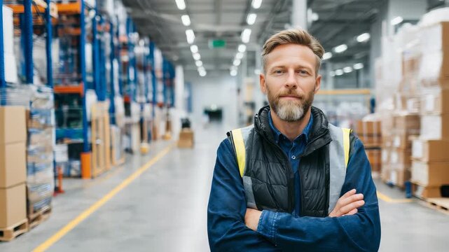 Mature male supervisor in safety vest poses in spacious warehouse, highlighting efficient inventory management. Professional logistics environment with organized storage and bright lighting