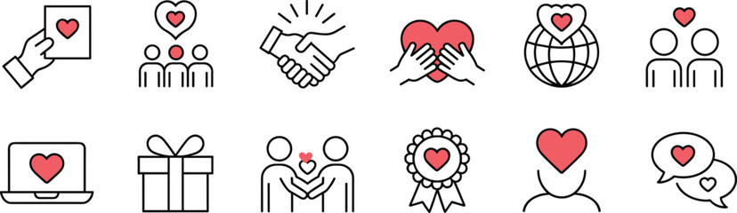 Charity and compassion icon set featuring heart symbols, volunteer support, kindness gestures, global love, appreciation, community care, donation concepts, and positive connection illustrations.