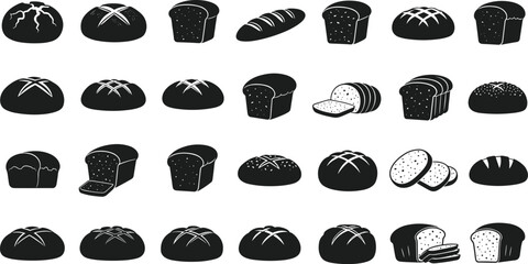 bread silhouettes containing loaves buns and baguettes isolated on white background for bakery menu design and food vector illustration branding elements