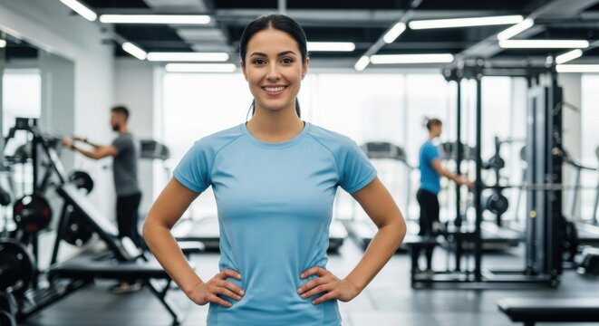 Confident and happy personal trainer in blue sportswear smiling at the camera while standing in a modern gym, ready for a fitness workout session with clients