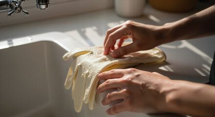 Hands putting on rubber cleaning gloves by sink in bright kitchen  