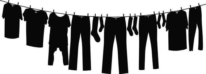 Clothes hanging on a laundry line silhouette, featuring shirts, pants, socks, and garments, creating a simple vector illustration for washing, drying, household chores, and cleaning themes.