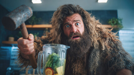 A caveman-style man in a modern kitchen tries to use a blender, his eyes wide and his expression ironic, creating a comical contrast between the ancient and modern worlds.