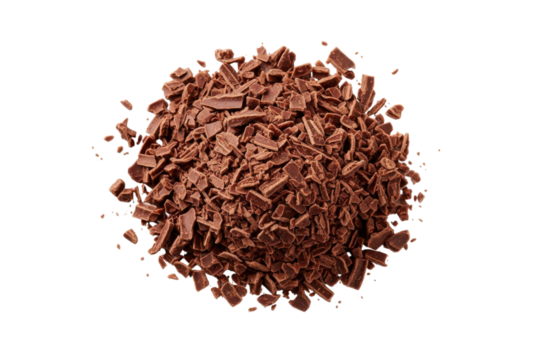 A small pile of dark chocolate shavings or sprinkles, finely chopped pieces of cocoa product, isolated on transparent background for food photography and dessert ingredient representation