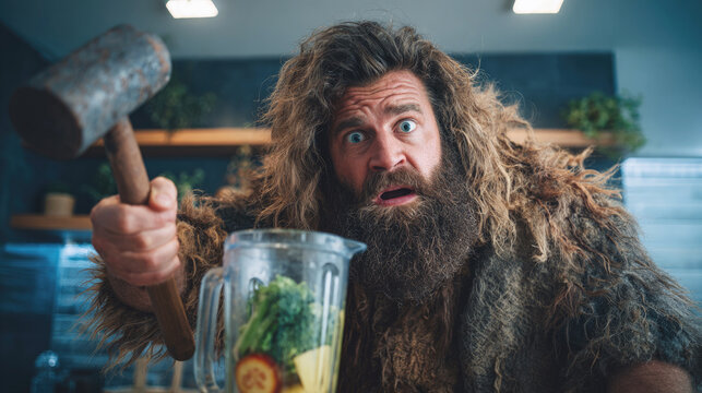 A caveman-style man in a modern kitchen tries to use a blender, his eyes wide and his expression ironic, creating a comical contrast between the ancient and modern worlds.