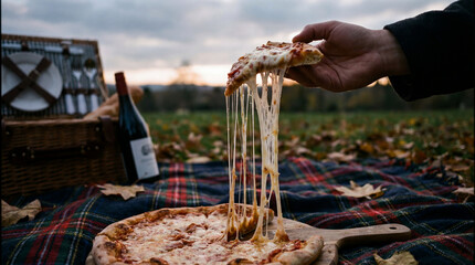 Hand Lifting Cheesy Pizza Slice at Autumn Picnic Sunset
