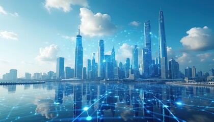 Cityscape with glowing network. Modern urban skyline shows connections. Futuristic buildings communicate via digital data streams. Tech city with reflections on water, communication nodes on blue sky.