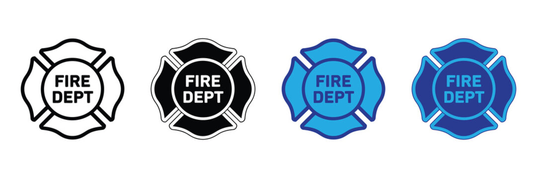Collection of maltese cross emblems, symbolizing the fire department with 'fire dept' text, presented in black, white, and blue variations.