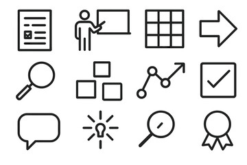 Teaching Icons Set. Teaching & Instruction Models linear icon set: lesson plan sheet, instructor figure, structured grid, guided arrow, clarity lens, concept blocks, learning path