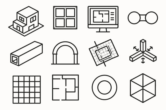 Modern Architectural Icons. Modern Structural Concepts linear icon set: architectural model, modular frame, digital blueprint, connection point, hollow beam, support arch, CAD