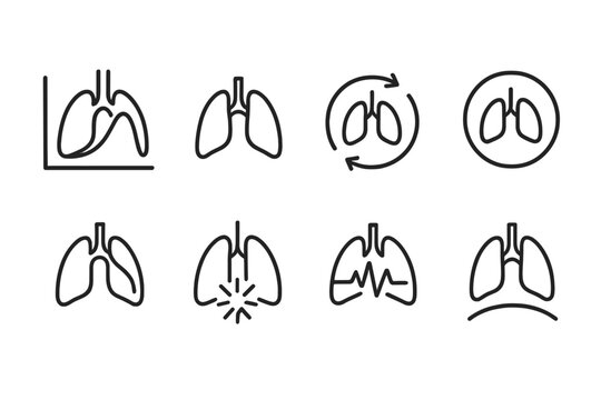 Pulmonary Wellness Symbols. Pulmonary Wellness Practices Concepts linear icon set: lung capacity curve, resilience loop, renewal arrow, balance circle, harmony curve, vitality
