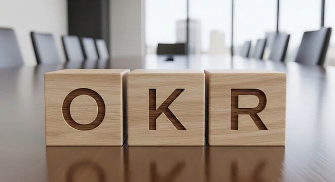 Wooden blocks spelling OKR on a conference table strategy
