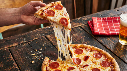 Hand Lifting Cheesy Pepperoni Pizza Slice with Long Cheese Pull on Rustic Table