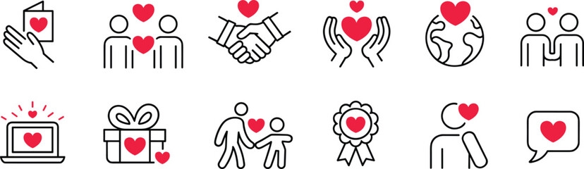 Compassion and kindness icon set featuring heart symbols, charity support, global love, volunteer care, community connection, emotional giving, and positive relationship illustrations for design.