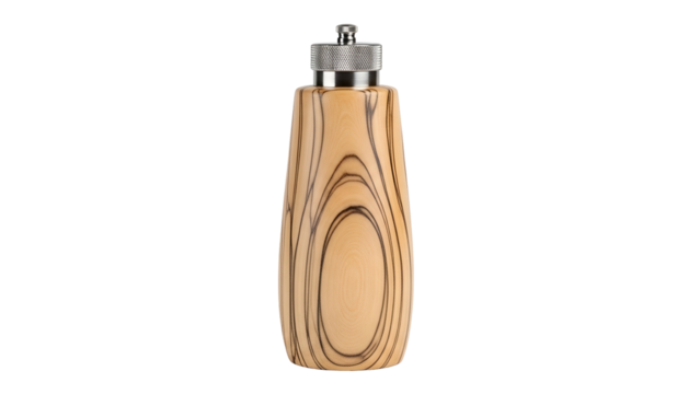 A vertical image of a salt or pepper grinder with wood grain texture against black