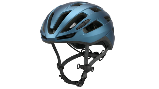 A light-blue, ventilated cycling helmet with adjustable straps, isolated on black