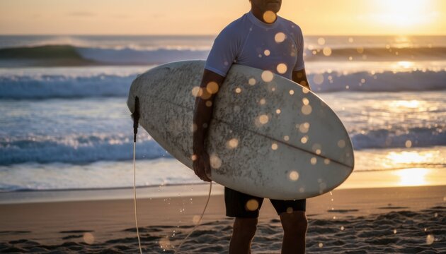 Sunset surf session concept of midlife balance and ocean therapy with lone surfer walking along beach carrying board in warm light at pacific or atlantic coast in summer - Powered by Adobe