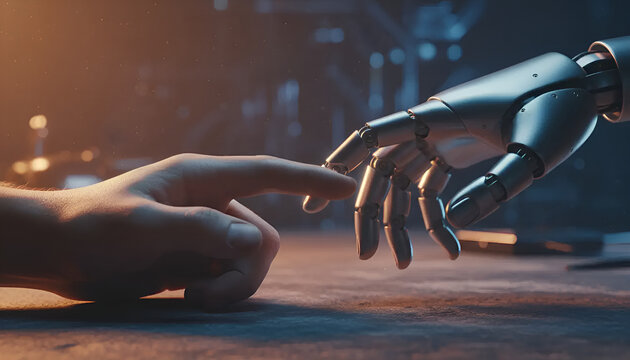 Close-up of a human hand reaching for a robotic hand, illustrating the bond between technology and humanity. Ideal for tech articles or innovation themes.