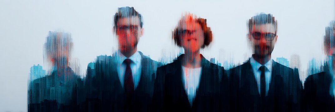 A blurred group of professionals in suits, representing a corporate environment, with a digital distortion effect creating a modern, abstract appearance. - Powered by Adobe