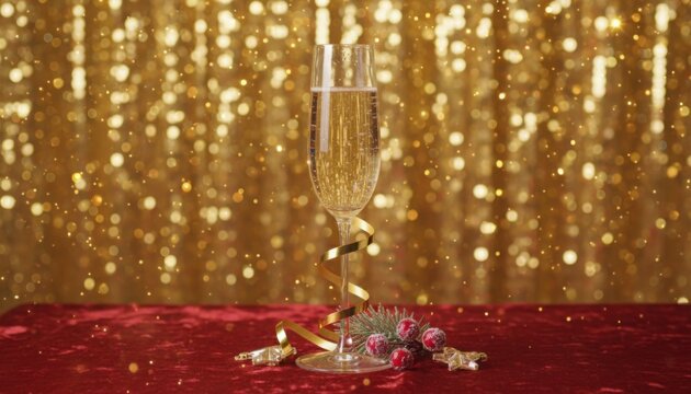 Sparkling champagne flute with golden ribbon on red velvet table with evergreen and ornaments for luxury christmas celebration