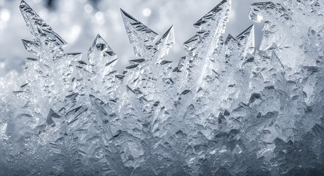Stunning extreme macro view of sharp clear hoar frost ice crystals glistening in cold winter light. Intricate frozen texture background. - Powered by Adobe