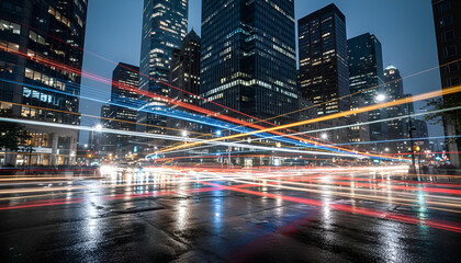 Dynamic cityscape at night showcasing light trails from vehicles on wet streets. Perfect for urban lifestyle articles or travel guides.