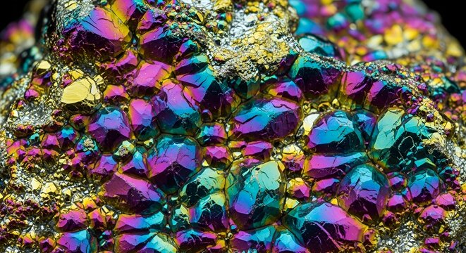 Close-up macro view of vibrant, iridescent Bornite mineral surface displaying bright metallic colors.