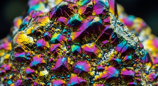 Extreme close-up of a brilliant iridescent crystal cluster showing vibrant metallic rainbow colors.