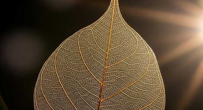 Extreme close-up macro shot of a delicate skeletal leaf structure. The intricate network of veins is clearly visible, beautifully backlit by a warm golden light flare against a dark background - Powered by Adobe