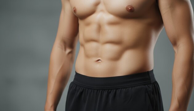 Athletic man with sculpted torso and six pack ab in sports short standing against studio backdrop for fitness training advertisement and gym motivation theme